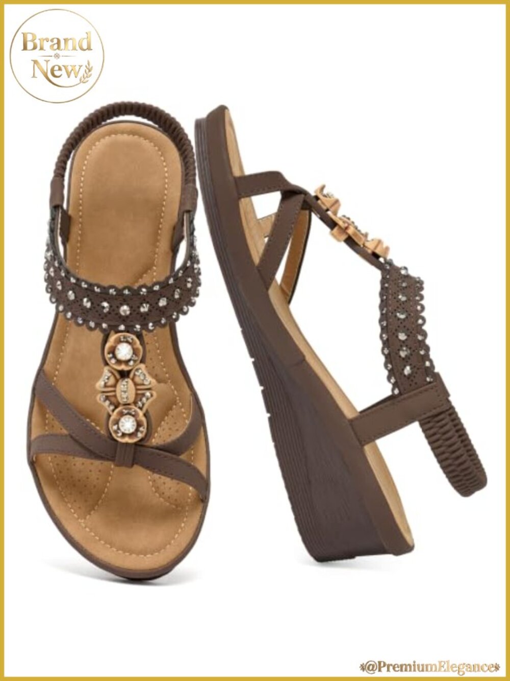 Women's Faux Leather Wedge Sandals Low Heel Rhinestone T-Strap Slip-On